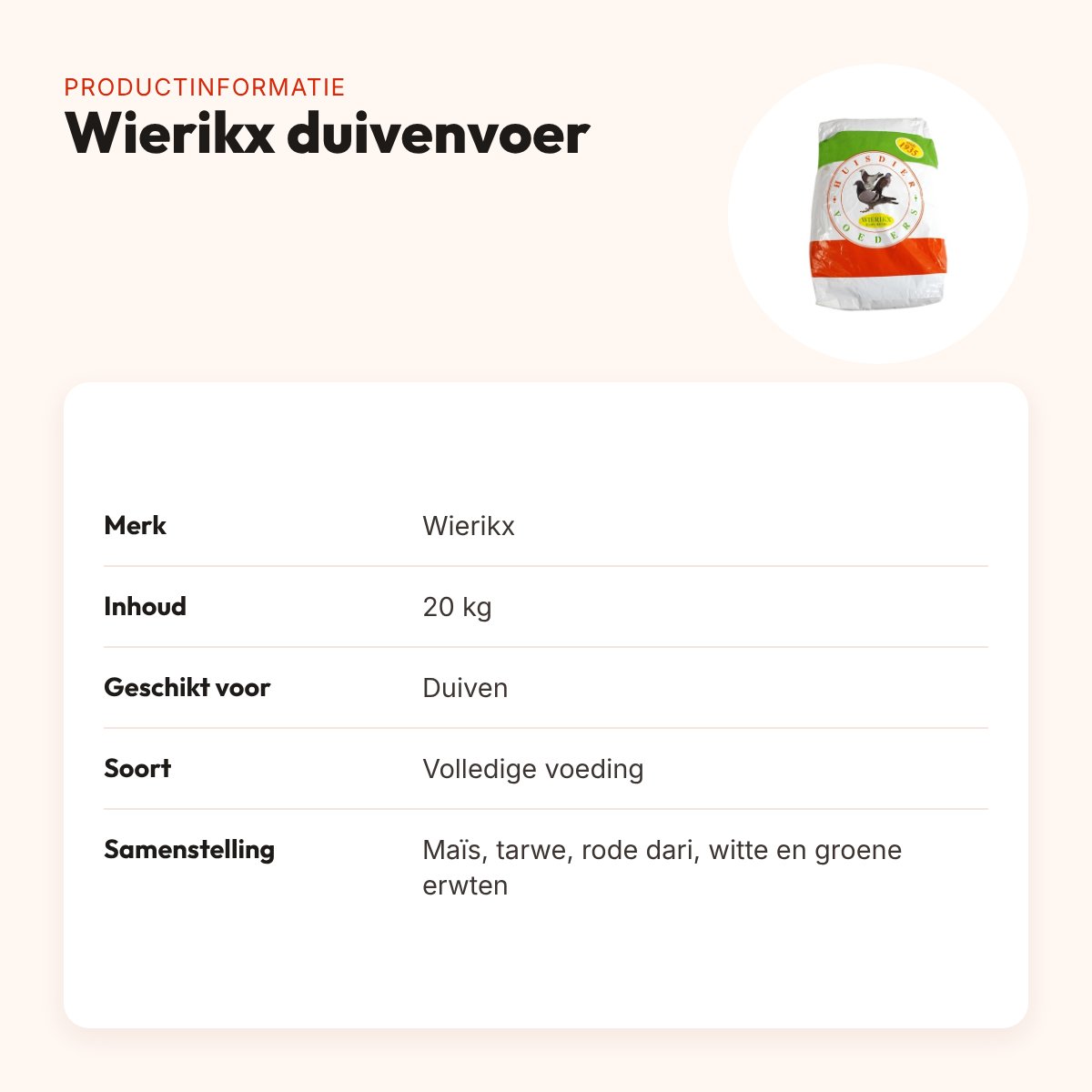 Wierikx duivenvoer 20 kg – granen en erwten – productinformatie