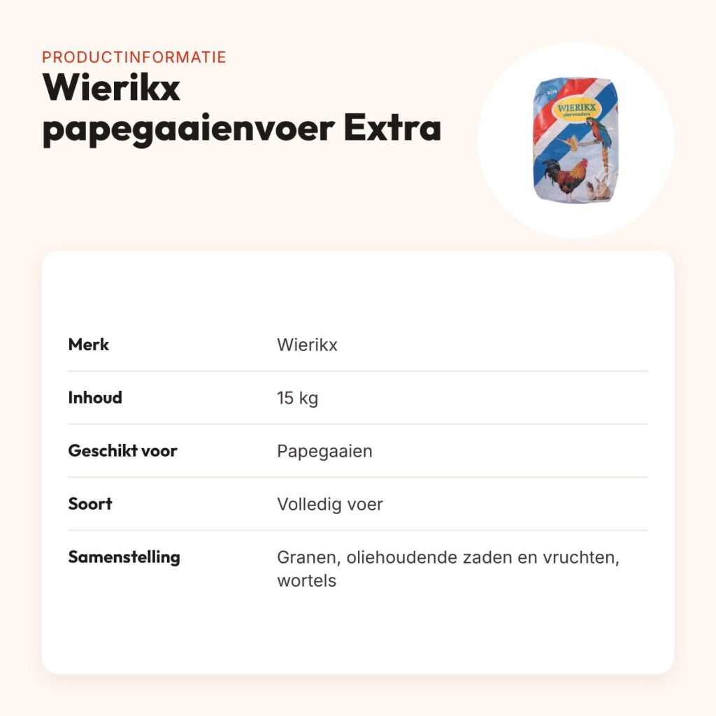 Wierikx papegaaienvoer Extra 15 kg – oliehoudende zaden en wortels – productinformatie