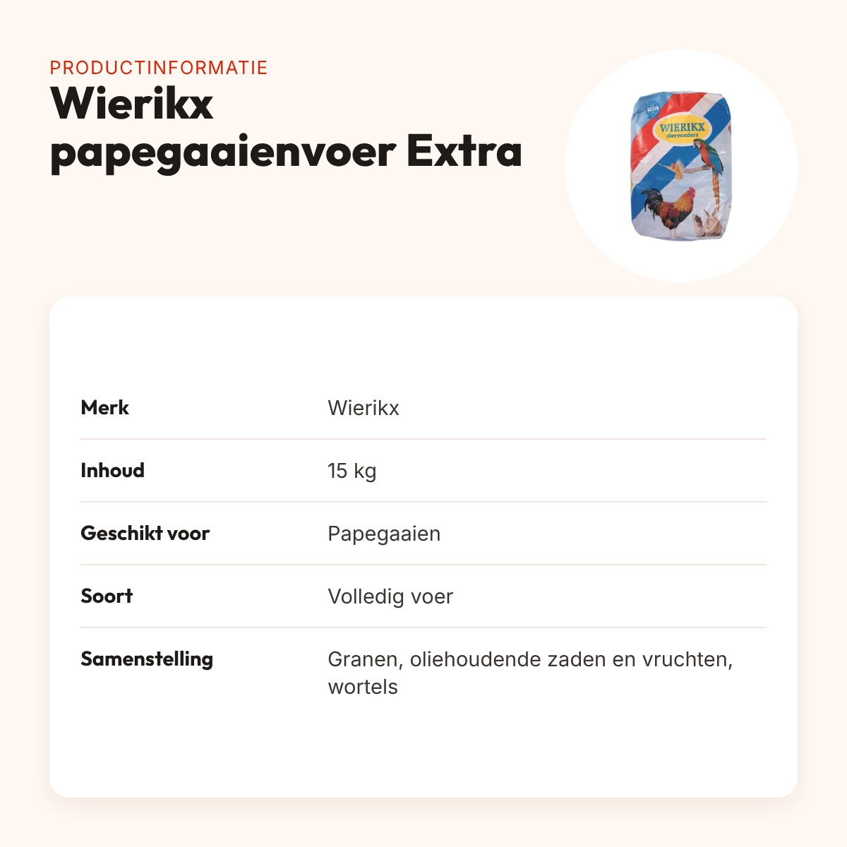 Wierikx papegaaienvoer Extra 15 kg – oliehoudende zaden en wortels – productinformatie