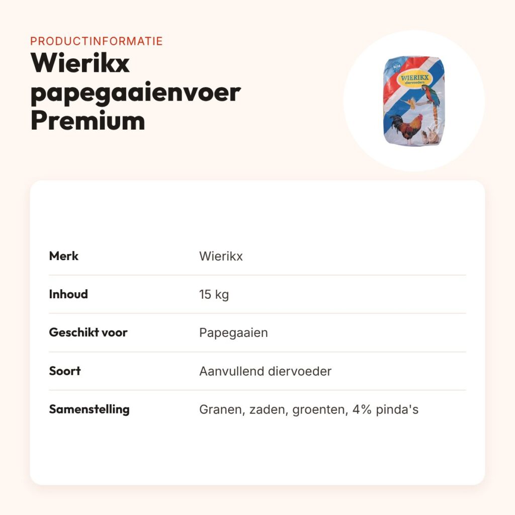 Wierikx papegaaienvoer Premium 15 kg – met 4% pinda's – productinformatie