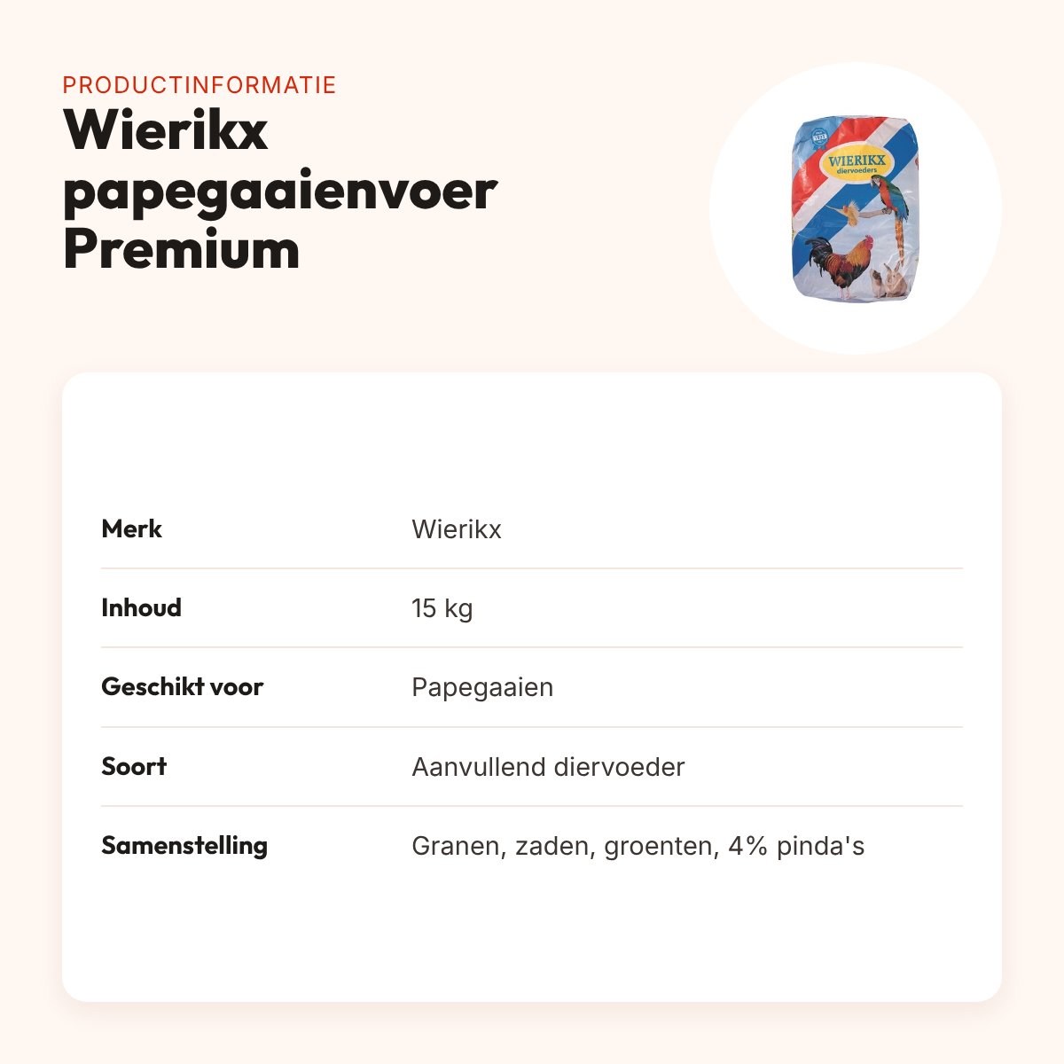 Wierikx papegaaienvoer Premium 15 kg – met 4% pinda's – productinformatie