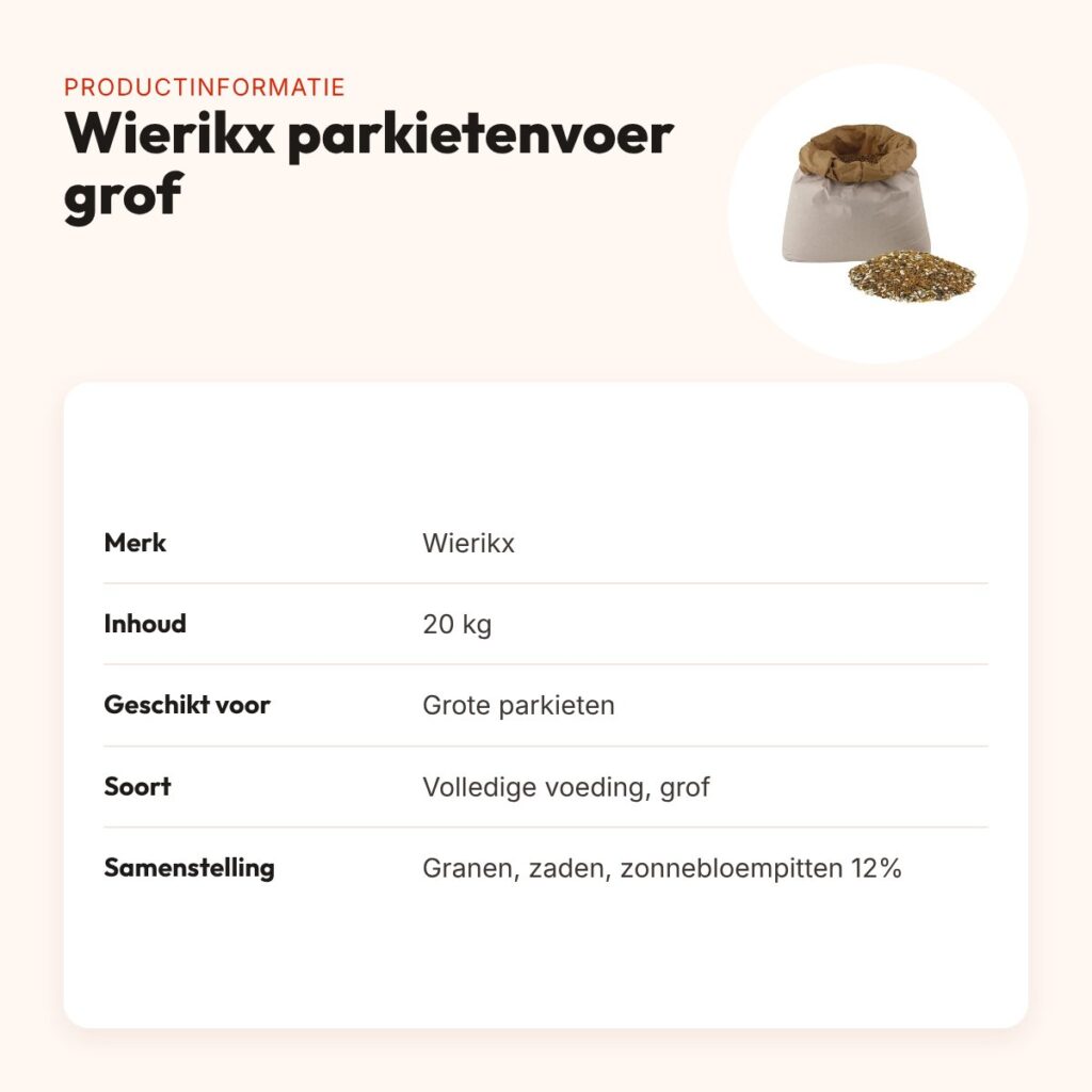 Wierikx parkietenvoer grof 20 kg – voor grote parkieten – productinformatie