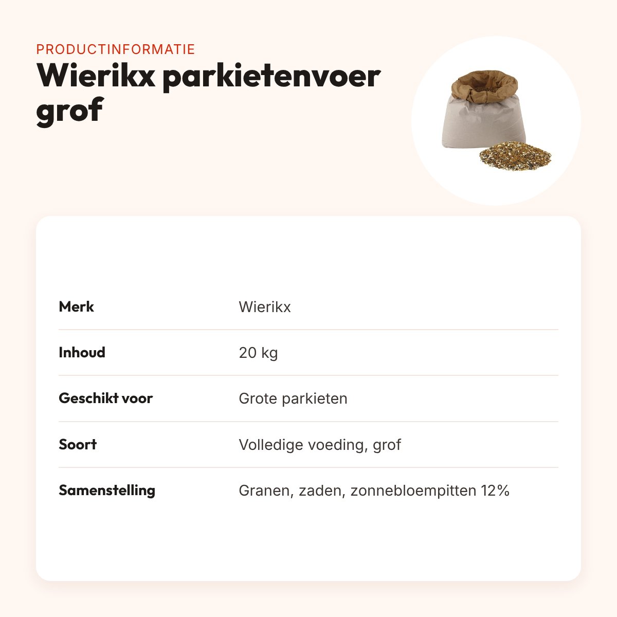 Wierikx parkietenvoer grof 20 kg – voor grote parkieten – productinformatie