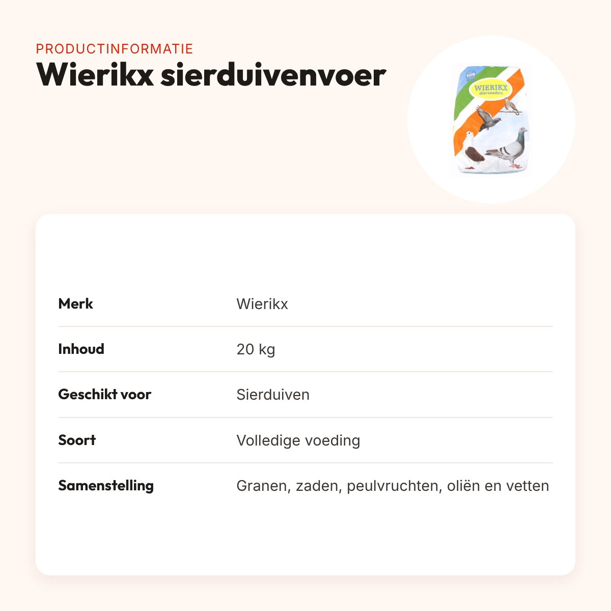 Wierikx sierduivenvoer 20 kg – granen, zaden en peulvruchten – productinformatie