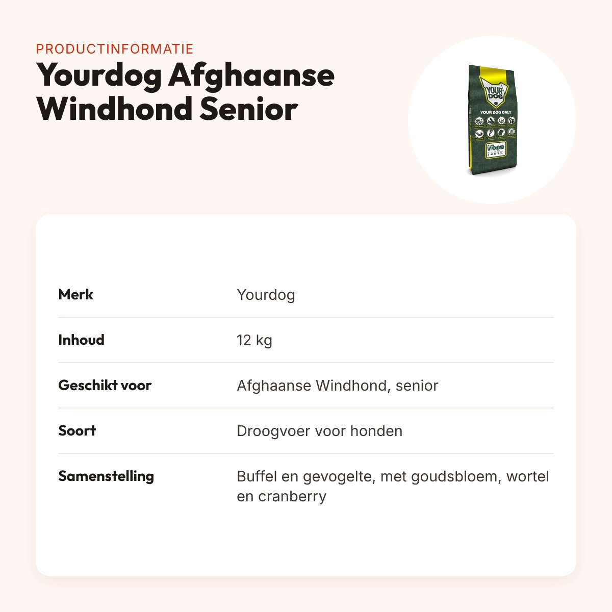 Yourdog hondenvoer Afghaanse Windhond Senior 12 kg – buffel en kip – productinformatie