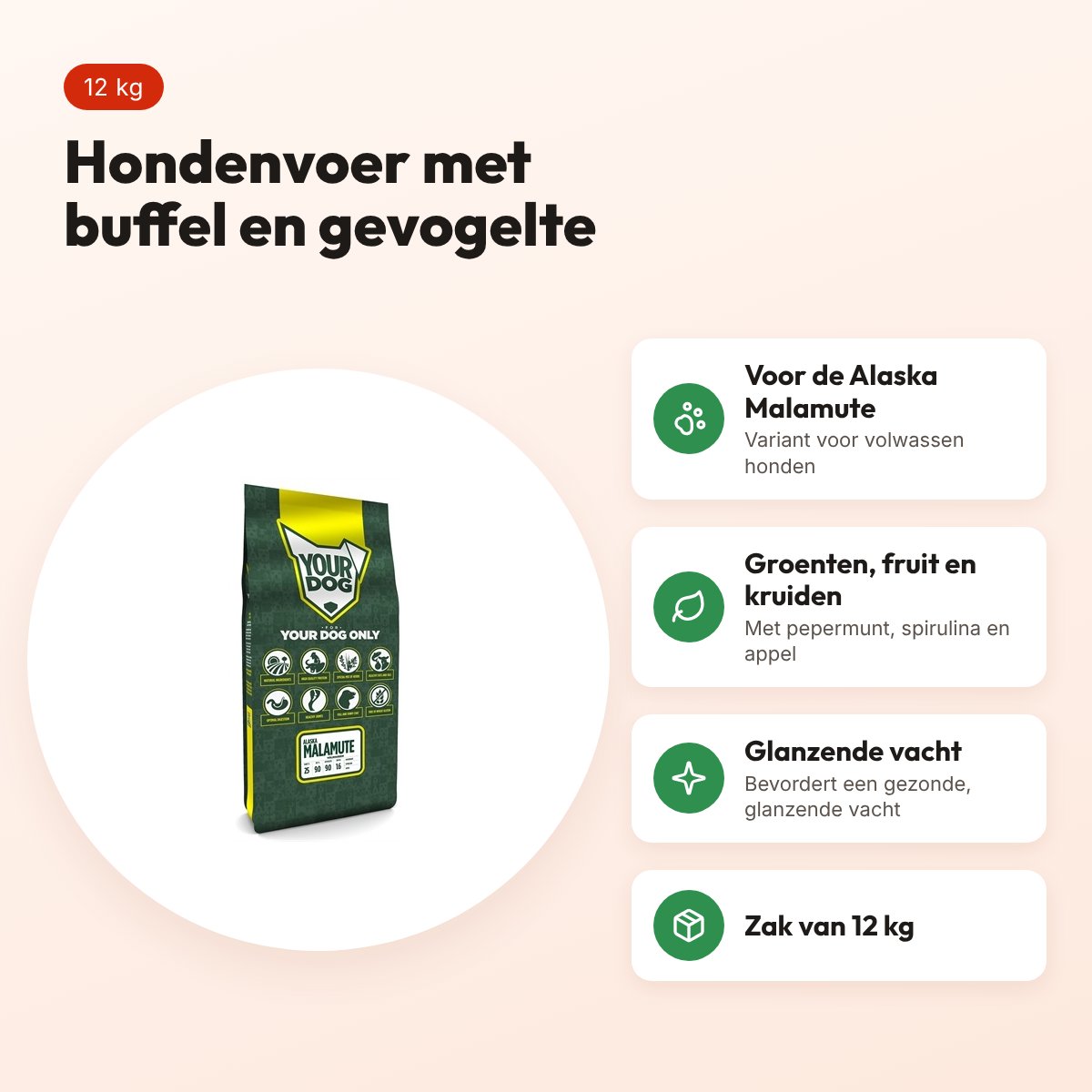 Yourdog hondenvoer Alaska Malamute Adult 12 kg – buffel en gevogelte – voordelen
