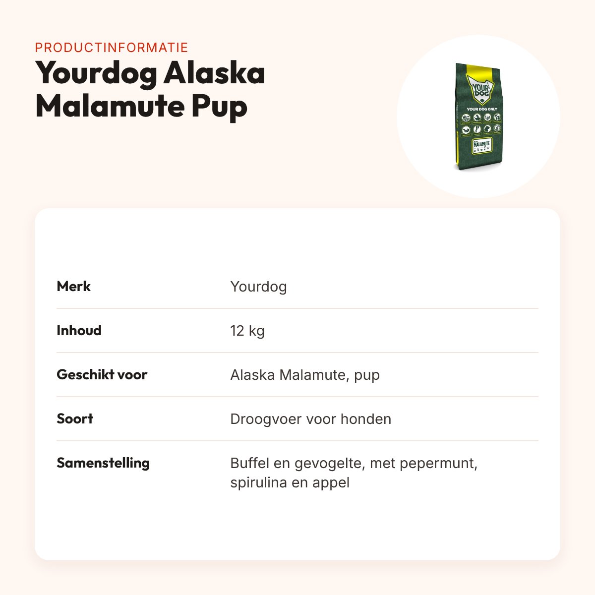 Yourdog hondenvoer Alaska Malamute Pup 12 kg – buffel en gevogelte – productinformatie
