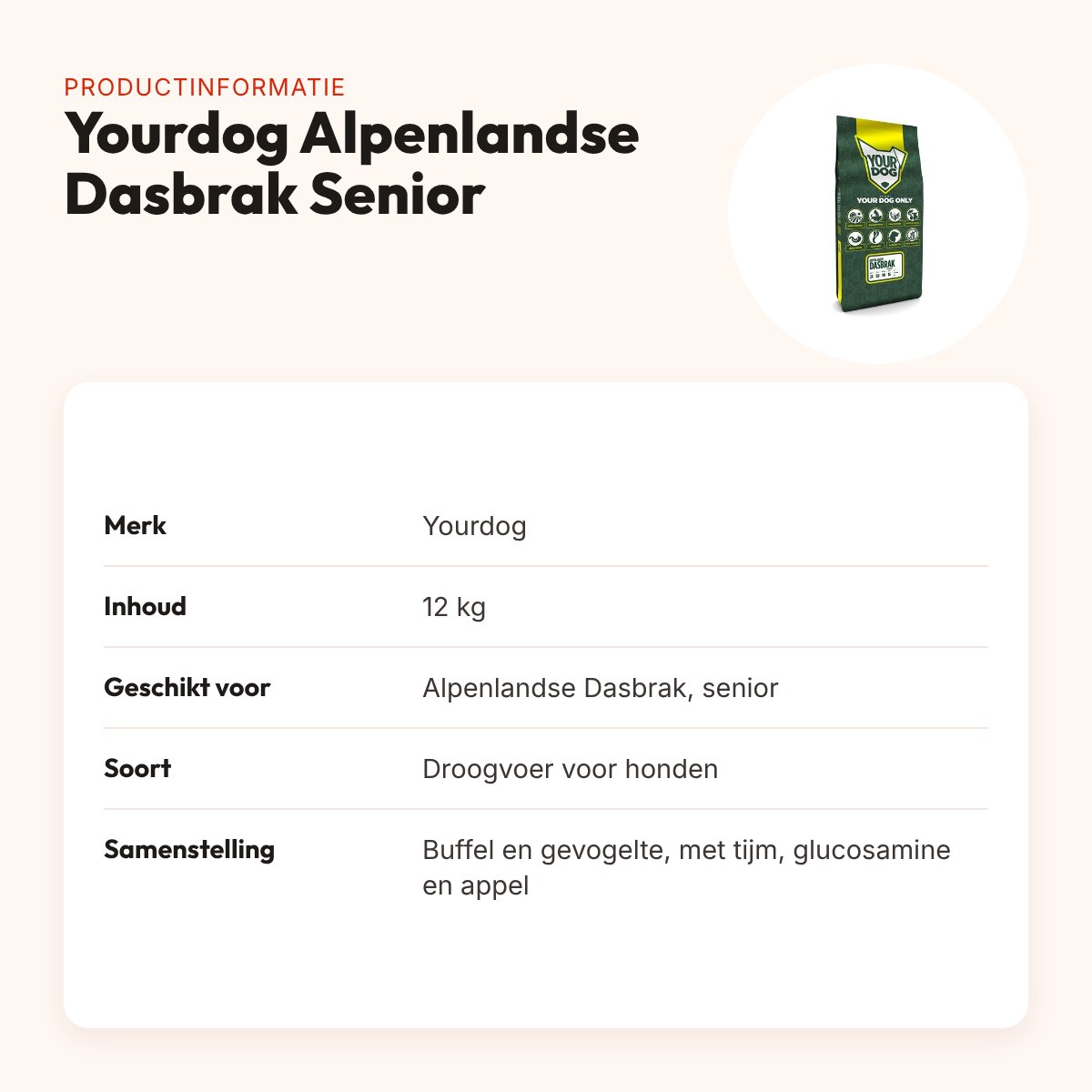 Yourdog hondenvoer Alpenlandse Dasbrak Senior 12 kg – buffel en gevogelte – productinformatie