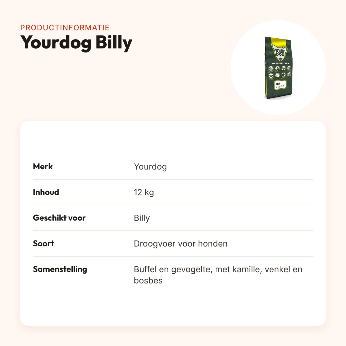 Yourdog hondenvoer Billy 12 kg – buffel en gevogelte – productinformatie