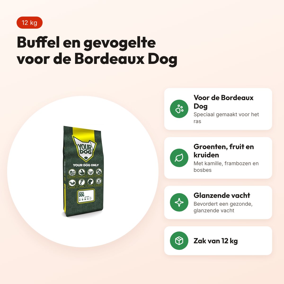 Yourdog hondenvoer Bordeaux Dog 12 kg – buffel en gevogelte – voordelen