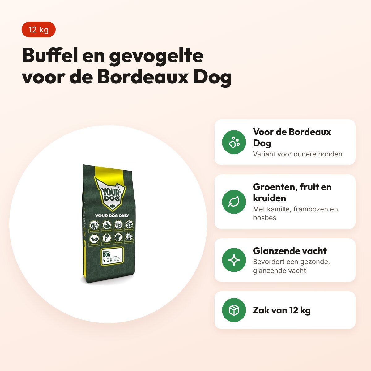 Yourdog hondenvoer Bordeaux Dog Senior 12 kg – buffel en gevogelte – voordelen