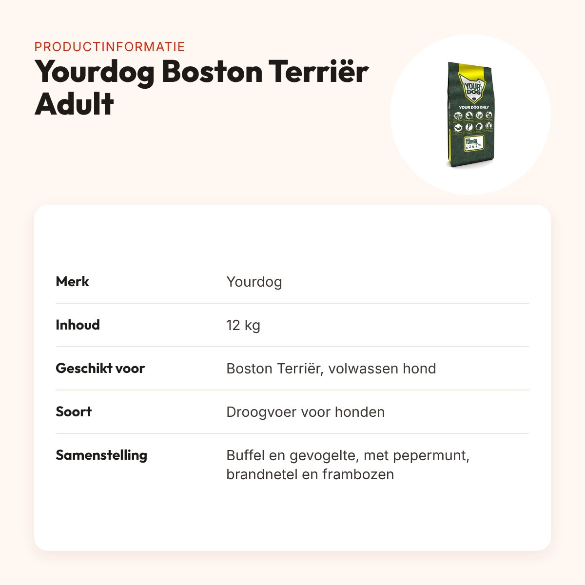 Yourdog hondenvoer Boston Terriër Adult 12 kg – buffel en gevogelte – productinformatie