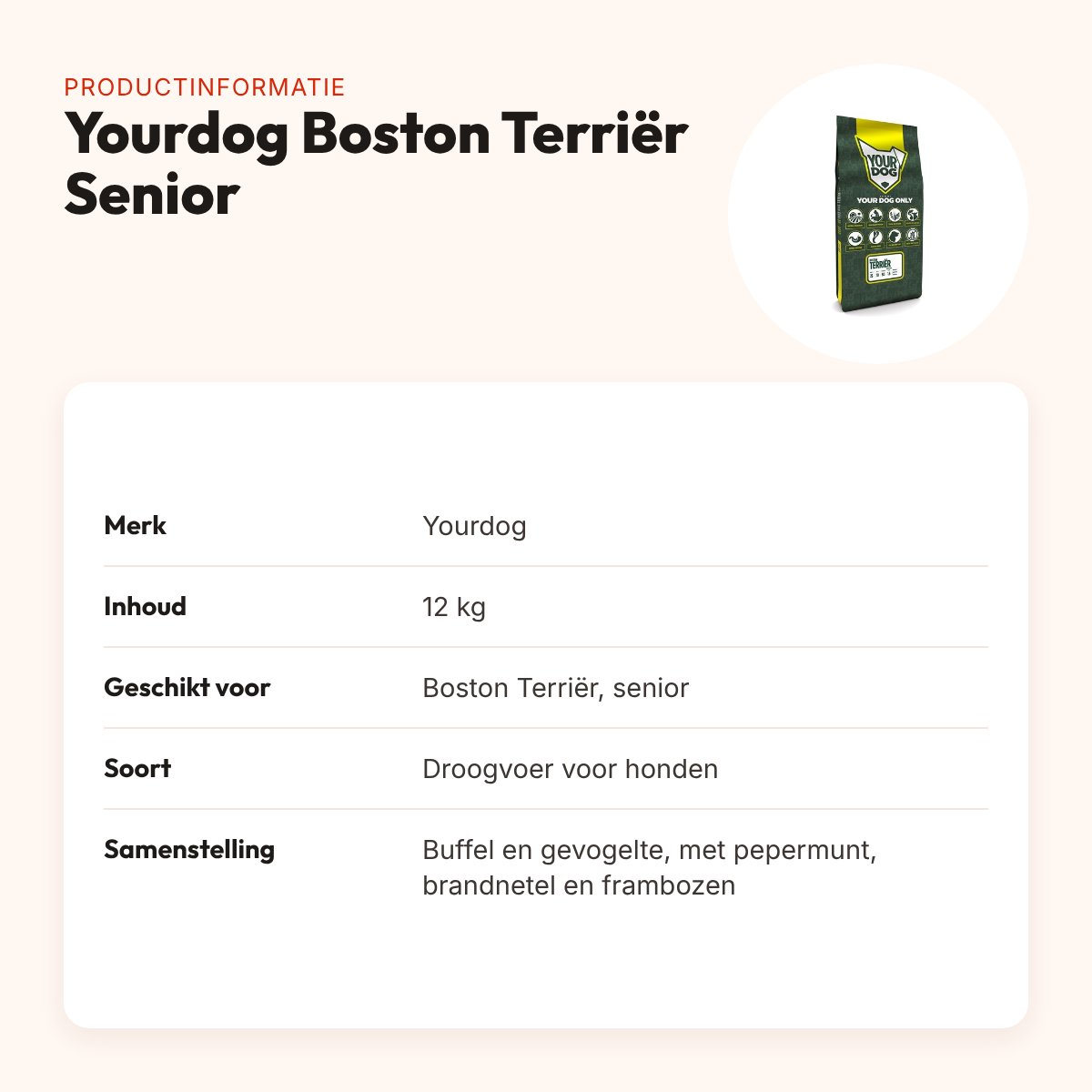 Yourdog hondenvoer Boston Terriër Senior 12 kg – buffel en gevogelte – productinformatie
