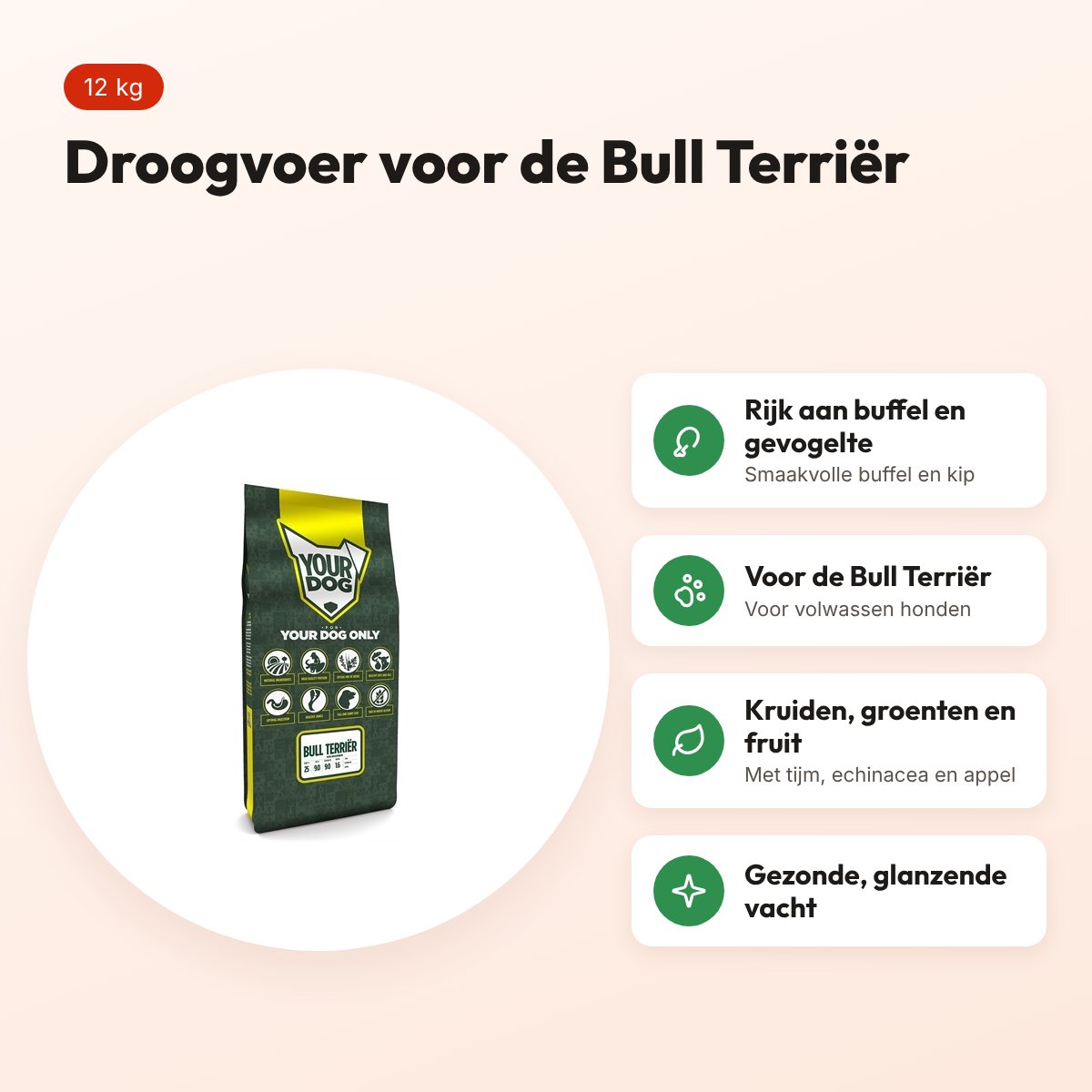Yourdog hondenvoer Bull Terriër Adult 12 kg – buffel en gevogelte – voordelen