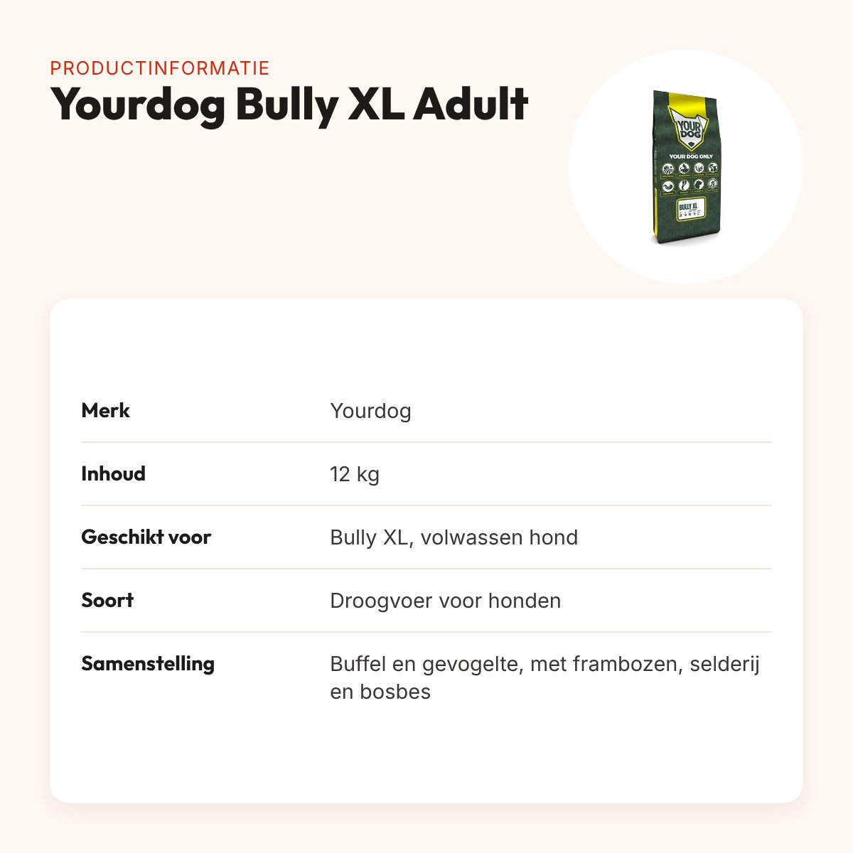 Yourdog hondenvoer Bully XL Adult 12 kg – buffel en gevogelte – productinformatie