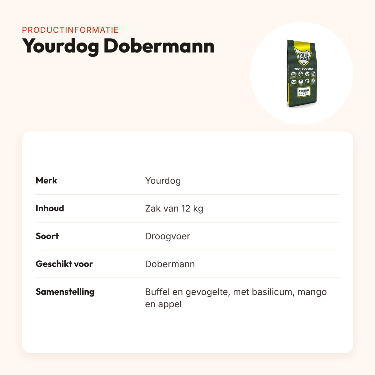 Yourdog hondenvoer Dobermann 12 kg – buffel en gevogelte – productinformatie
