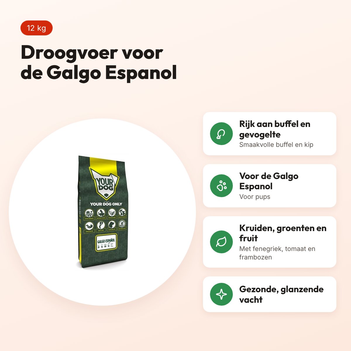 Yourdog hondenvoer Galgo Espanol Pup 12 kg – buffel en gevogelte – voordelen