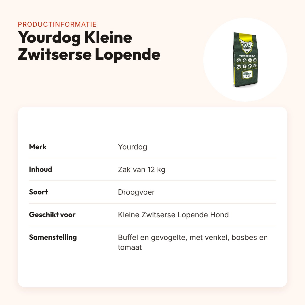 Yourdog hondenvoer Kleine Zwitserse Lopende Hond 12 kg – buffel en kip – productinformatie