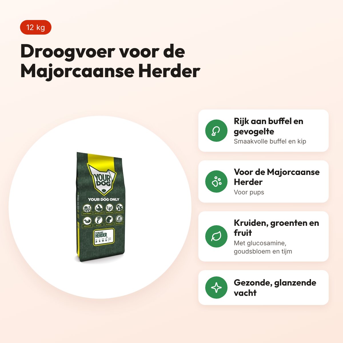 Yourdog hondenvoer Majorcaanse Herder Pup 12 kg – buffel en gevogelte – voordelen