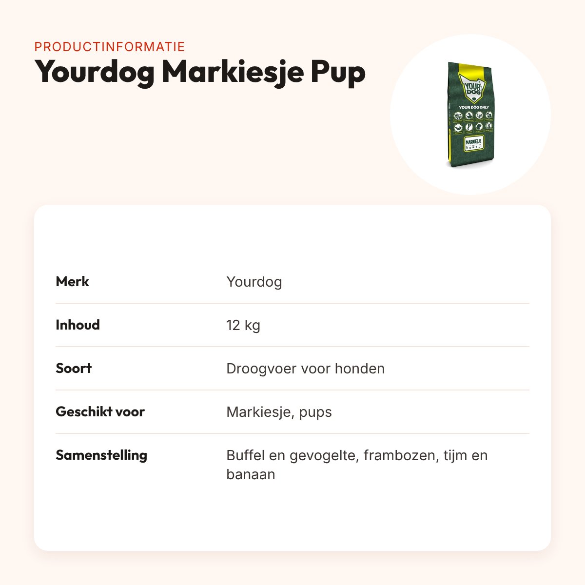 Yourdog hondenvoer Markiesje Pup 12 kg – buffel en gevogelte – productinformatie