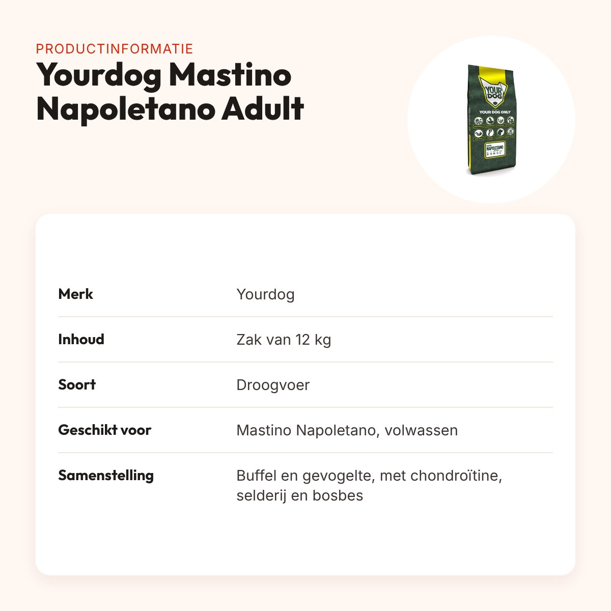 Yourdog hondenvoer Mastino Napoletano Adult 12 kg – buffel en gevogelte – productinformatie