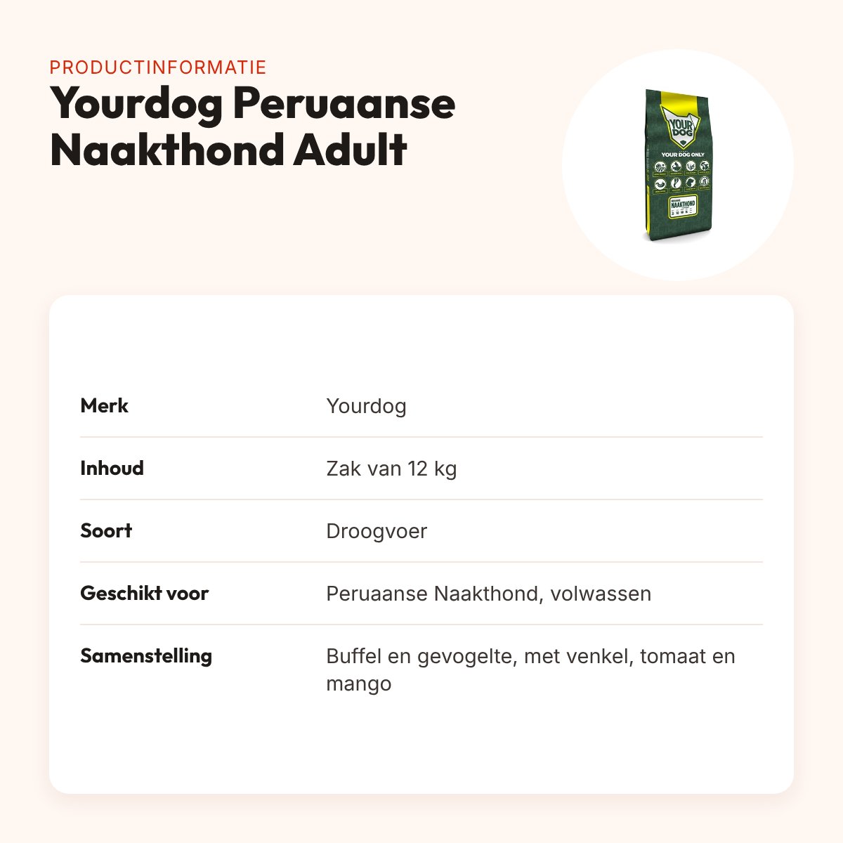 Yourdog hondenvoer Peruaanse Naakthond Adult 12 kg – buffel en gevogelte – productinformatie