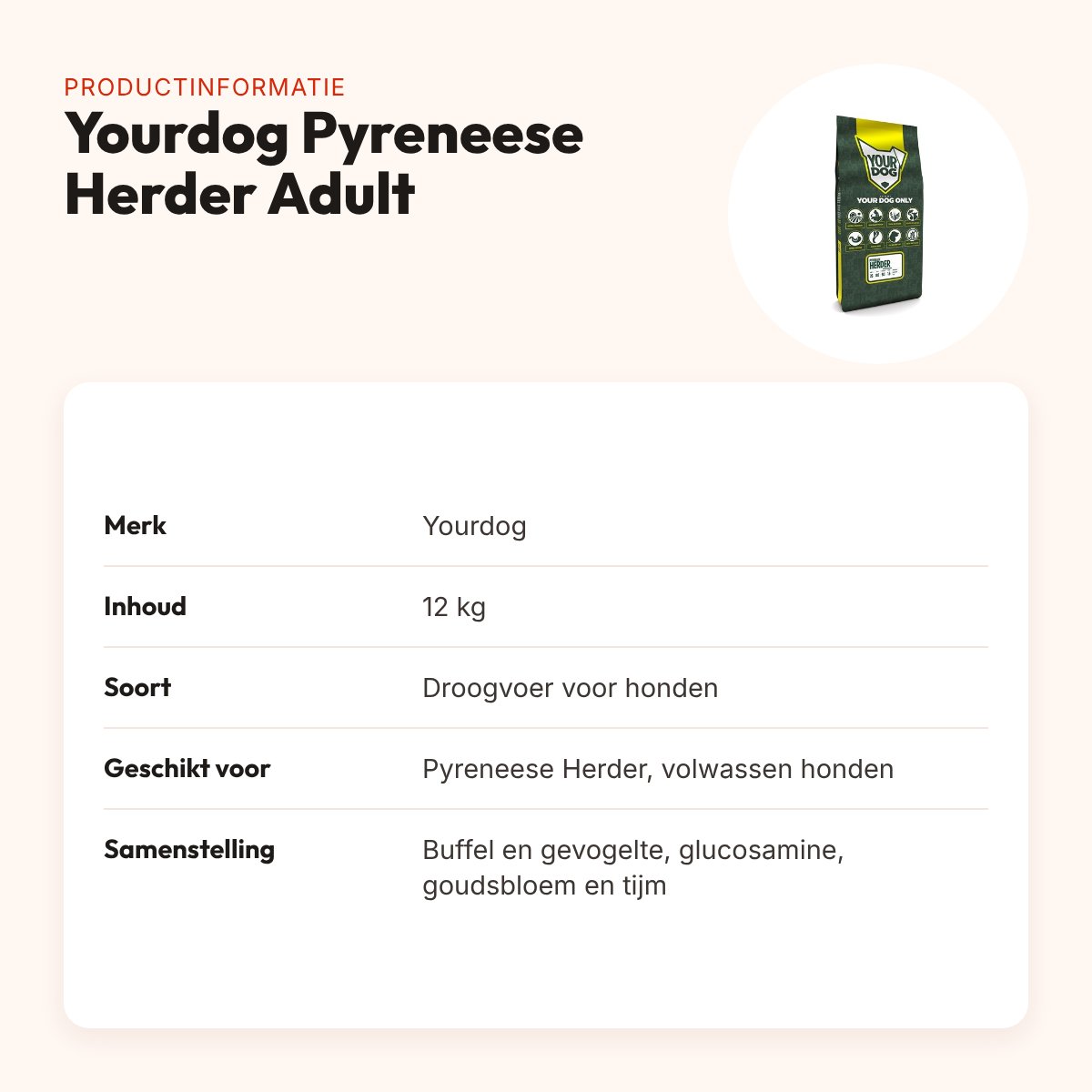 Yourdog hondenvoer Pyreneese Herder Adult 12 kg – buffel en gevogelte – productinformatie