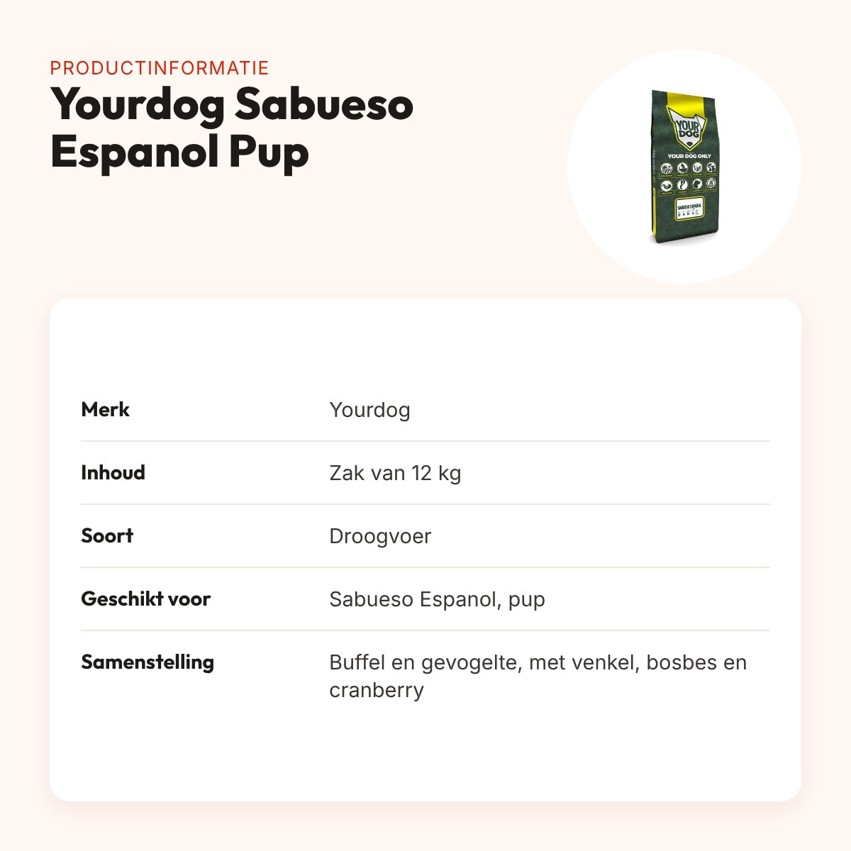 Yourdog hondenvoer Sabueso Espanol Pup 12 kg – buffel en gevogelte – productinformatie