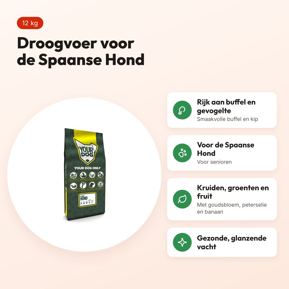 Yourdog hondenvoer Spaanse Hond Senior 12 kg – buffel en gevogelte – voordelen