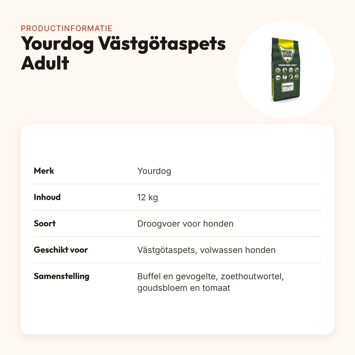Yourdog hondenvoer Västgötaspets Adult 12 kg – buffel en gevogelte – productinformatie