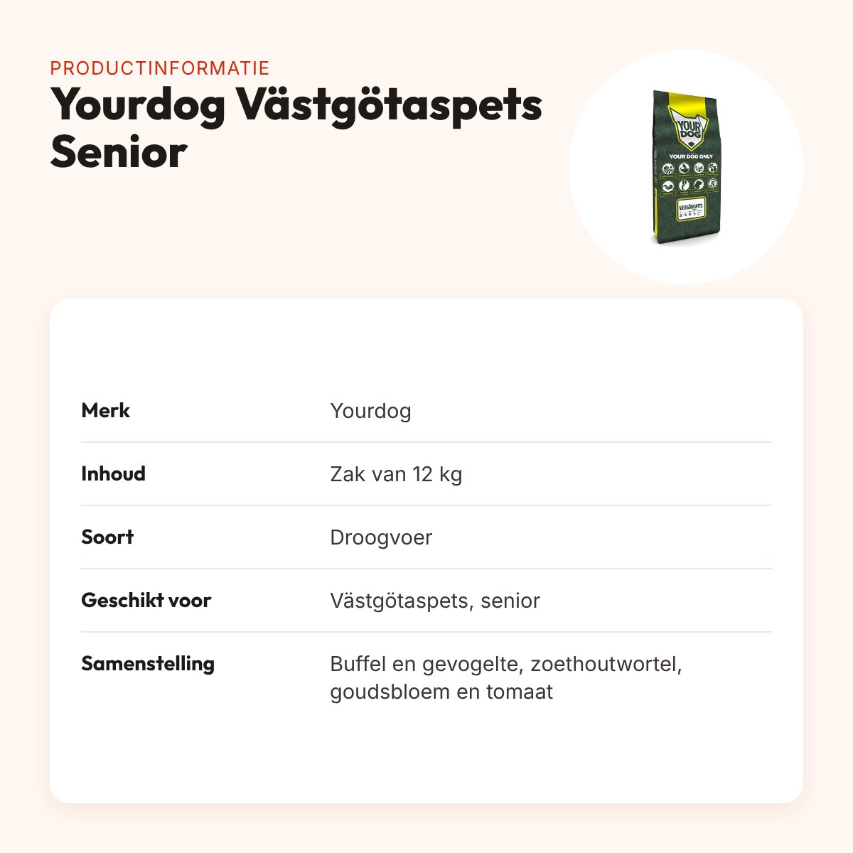 Yourdog hondenvoer Västgötaspets Senior 12 kg – buffel en gevogelte – productinformatie