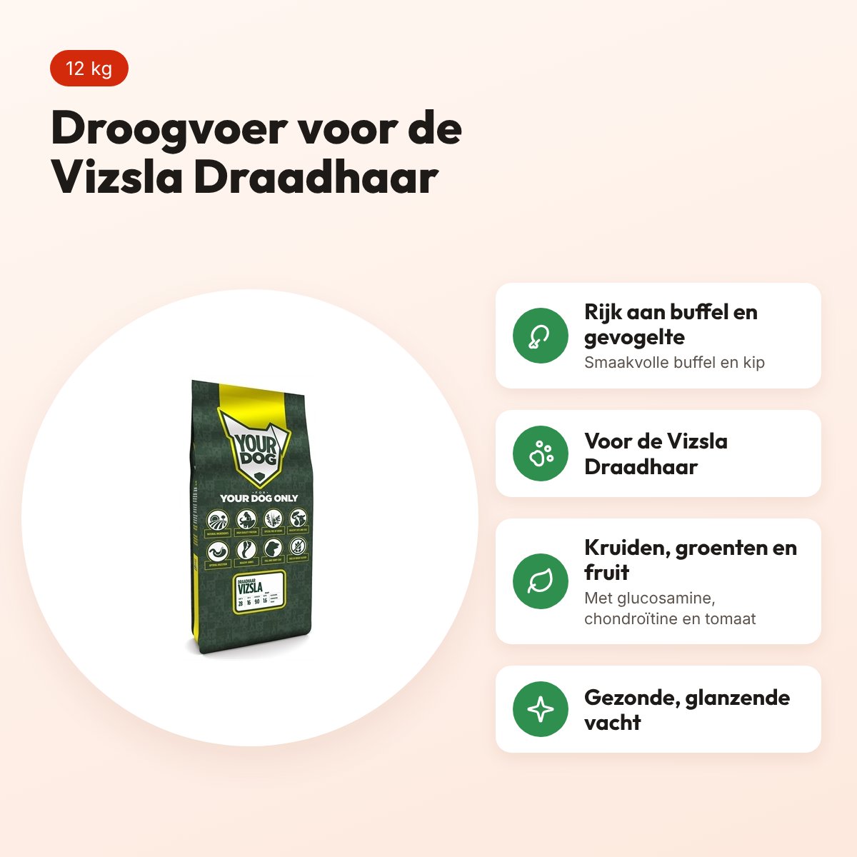Yourdog hondenvoer Vizsla Draadhaar 12 kg – buffel en gevogelte – voordelen