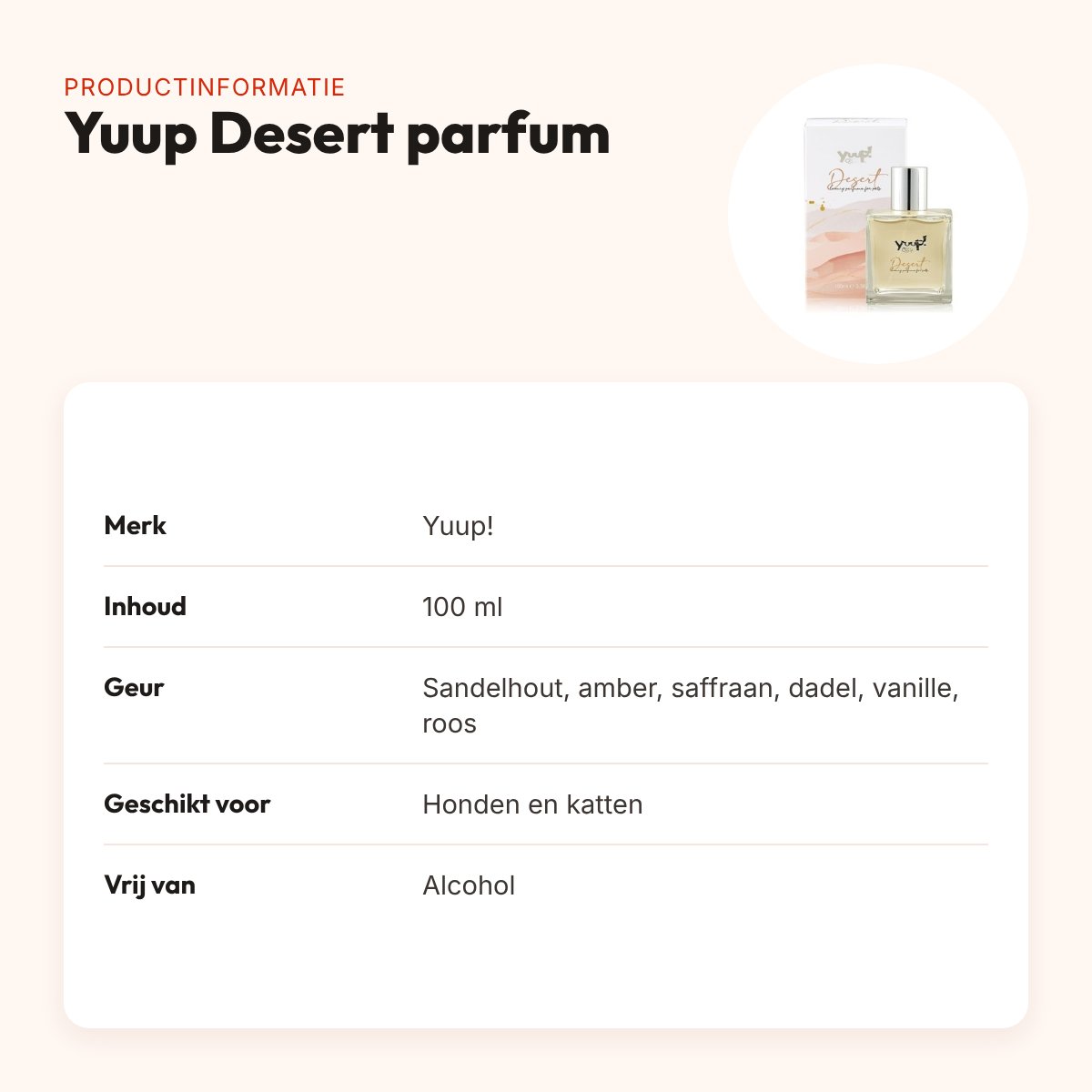 Yuup Desert parfum 100 ml – alcoholvrij, voor honden en katten – productinformatie
