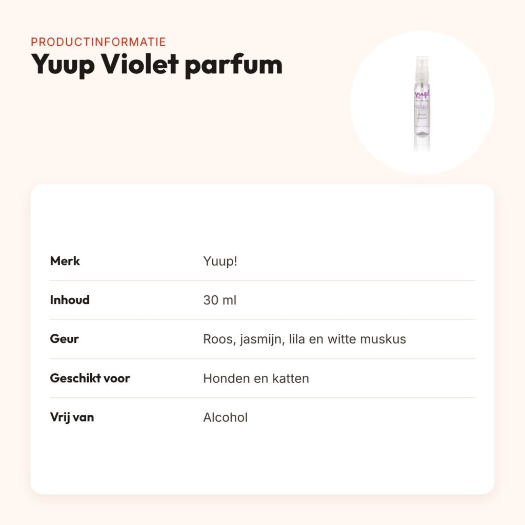 Yuup Violet parfum 30 ml – alcoholvrij, voor honden en katten – productinformatie