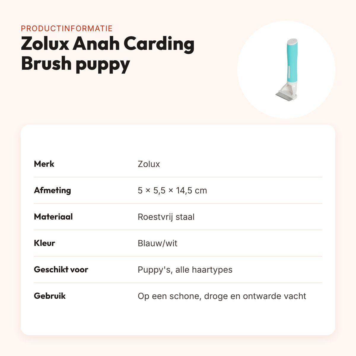 Zolux Anah Carding Super Brush puppy 5 x 5,5 x 14,5 cm – blauw/wit – productinformatie