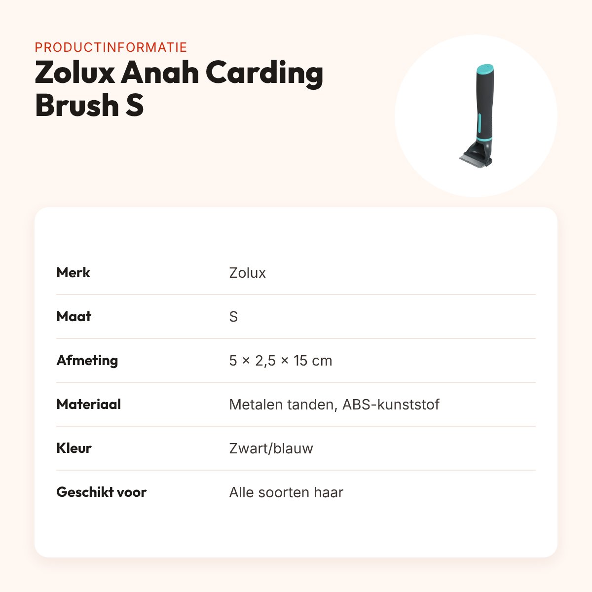 Zolux Anah Carding Super Brush S 5 x 2,5 x 15 cm – zwart/blauw – productinformatie
