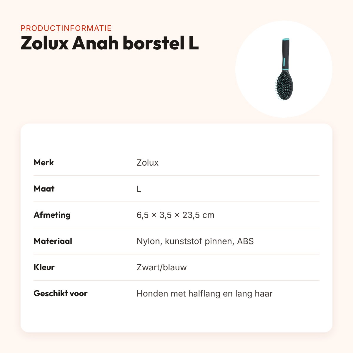 Zolux Anah hondenborstel nylon/kunststof pinnen zwart/blauw L 23,5 cm – productinformatie