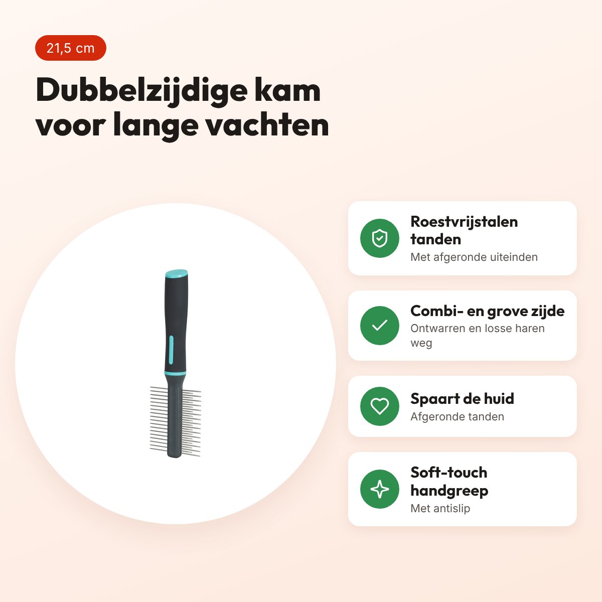Zolux Anah hondenkam dubbelzijdig combi/grove tanden 6,5 x 2,5 x 21,5 cm – voordelen