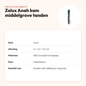 Zolux Anah hondenkam middelgrove tanden 4 x 2,5 x 22 cm – zwart/blauw – productinformatie
