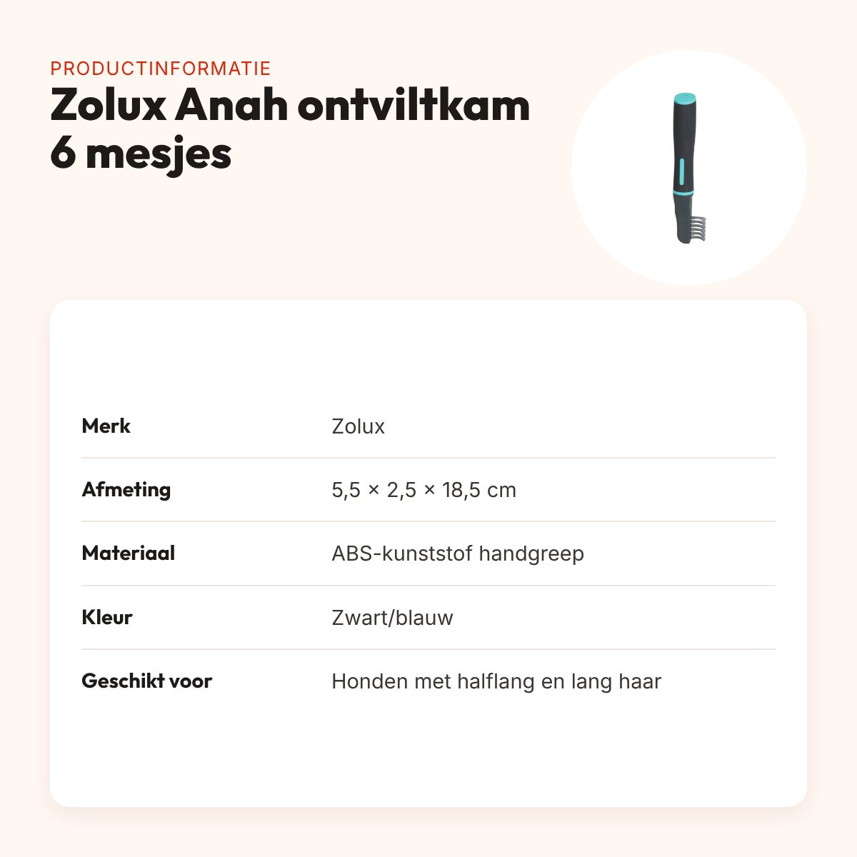 Zolux Anah ontviltkam 6 gebogen mesjes 5,5 x 2,5 x 18,5 cm – zwart/blauw – productinformatie