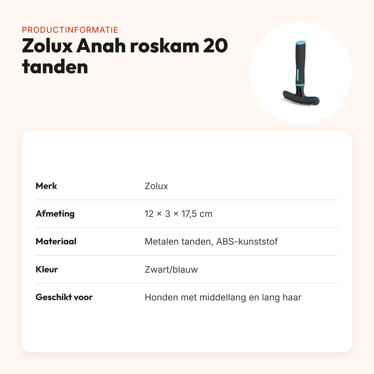Zolux Anah roskam 20 metalen tanden 12 x 3 x 17,5 cm – zwart/blauw – productinformatie