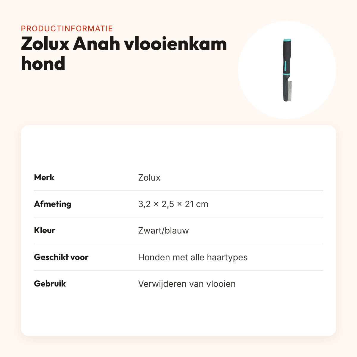 Zolux Anah vlooienkam hond 3,2 x 2,5 x 21 cm – alle vachttypes, zwart/blauw – productinformatie