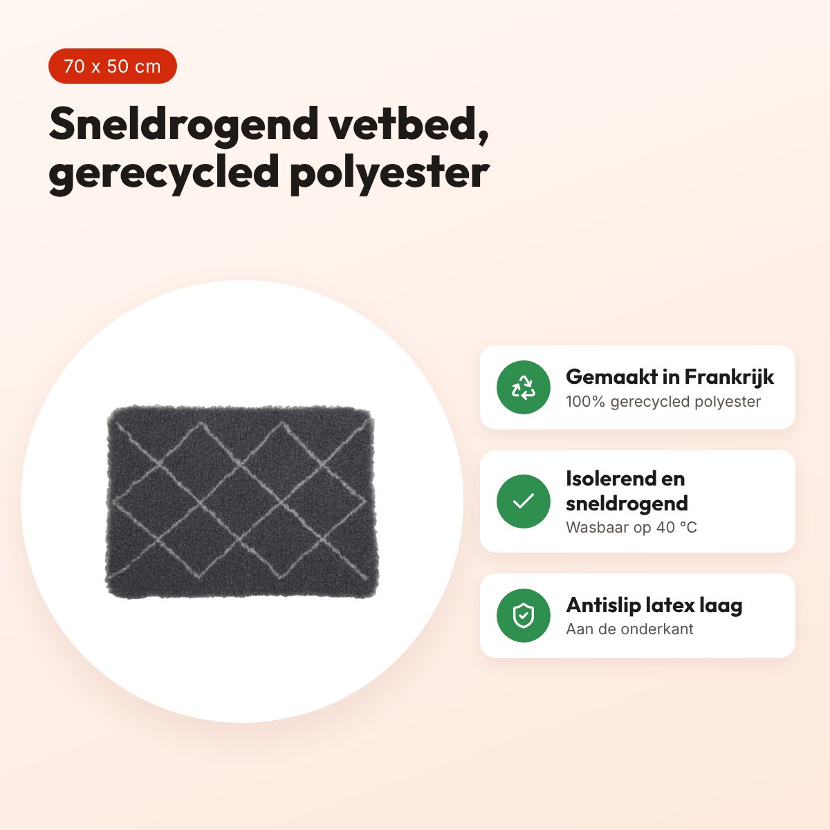 Zolux Berber vetbed gerecycled grijs 70 x 50 cm – sneldrogend, antislip – voordelen