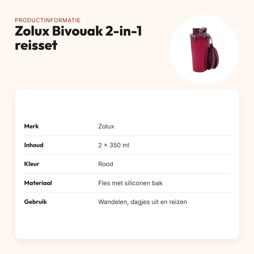 Zolux Bivouak 2-in-1 reisset rood 2 x 350 ml – fles met voer- en drinkbak – productinformatie