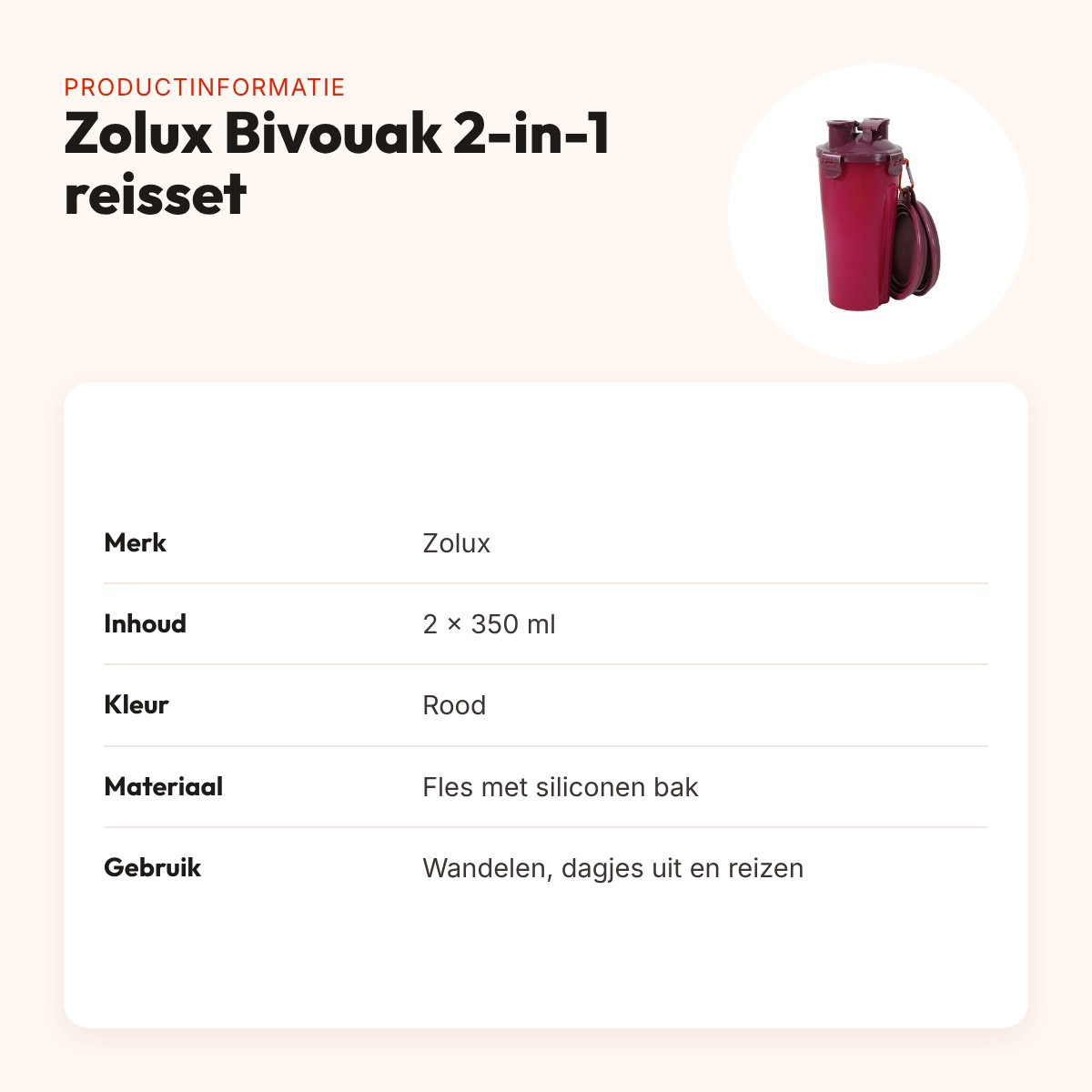 Zolux Bivouak 2-in-1 reisset rood 2 x 350 ml – fles met voer- en drinkbak – productinformatie