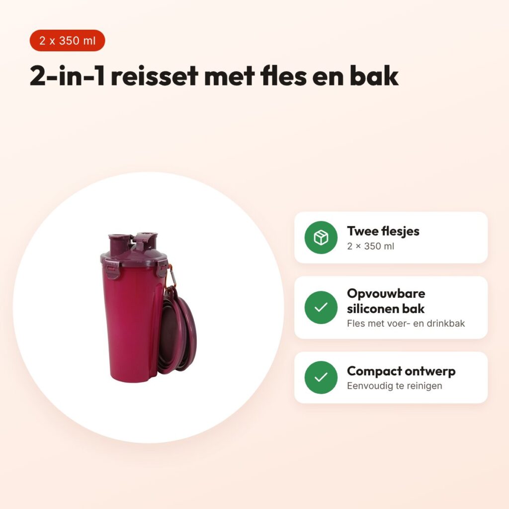 Zolux Bivouak 2-in-1 reisset rood 2 x 350 ml – fles met voer- en drinkbak – voordelen