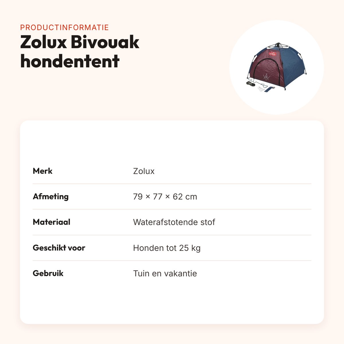 Zolux Bivouak hondentent 79 x 77 x 62 cm – waterafstotend – productinformatie