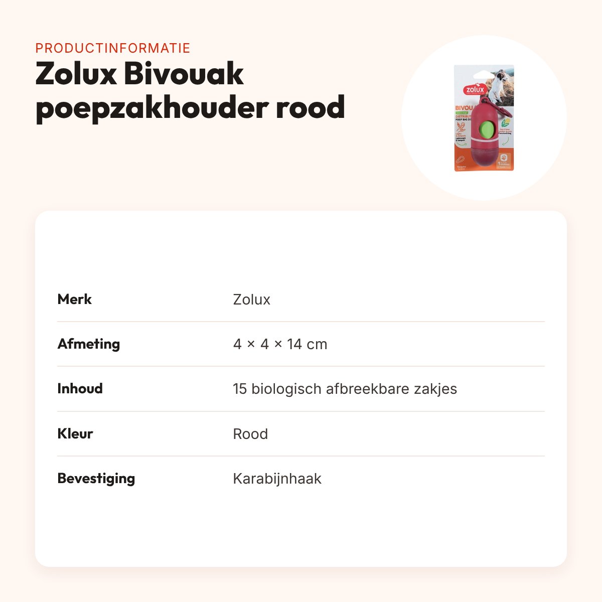 Zolux Bivouak poepzakhouder rood met 15 poepzakjes – 4 x 4 x 14 cm – productinformatie