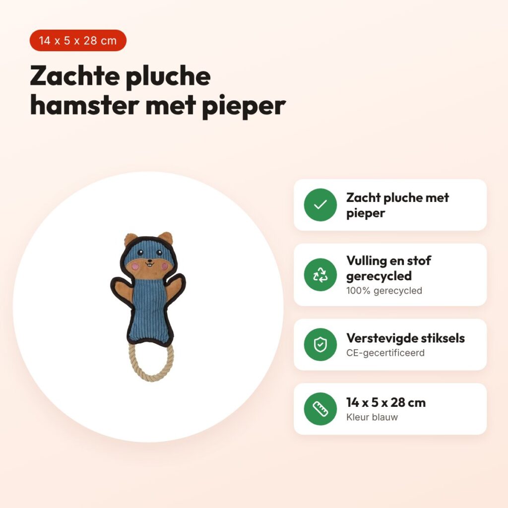 Zolux Buddy hamster hondenspeeltje blauw 14 x 5 x 28 cm – pluche, piepend – voordelen