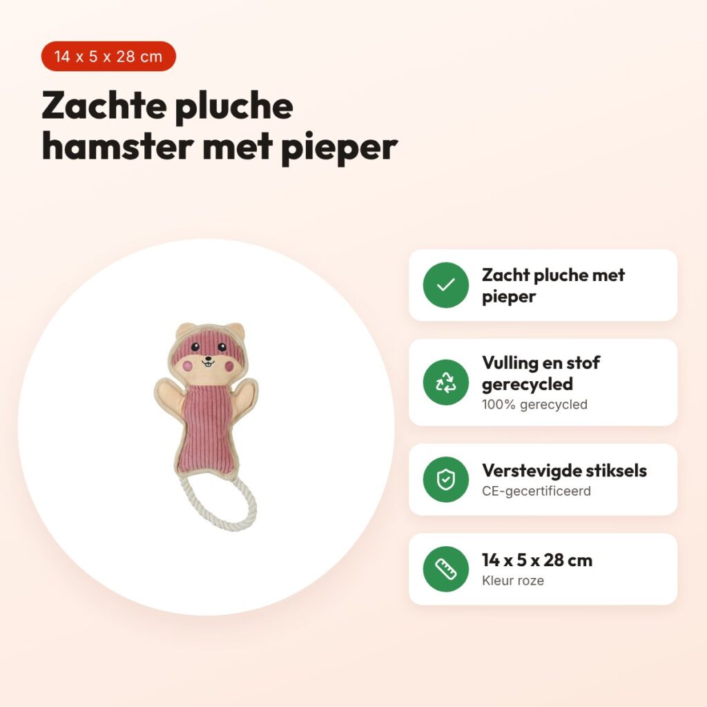 Zolux Buddy hamster hondenspeeltje roze 14 x 5 x 28 cm – pluche, piepend – voordelen